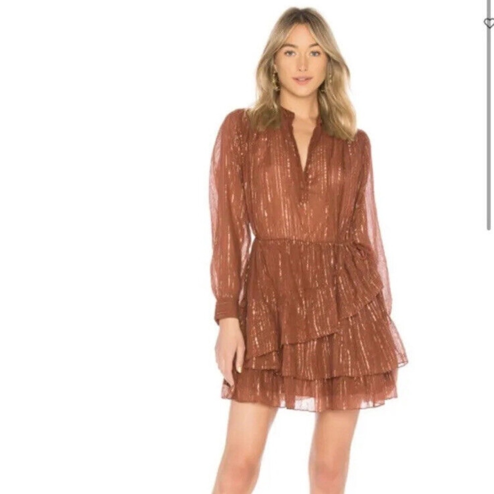 Ulla Johnson $495 Della Long Sleeve Mini Dress Mahogany Copper Metallic Small